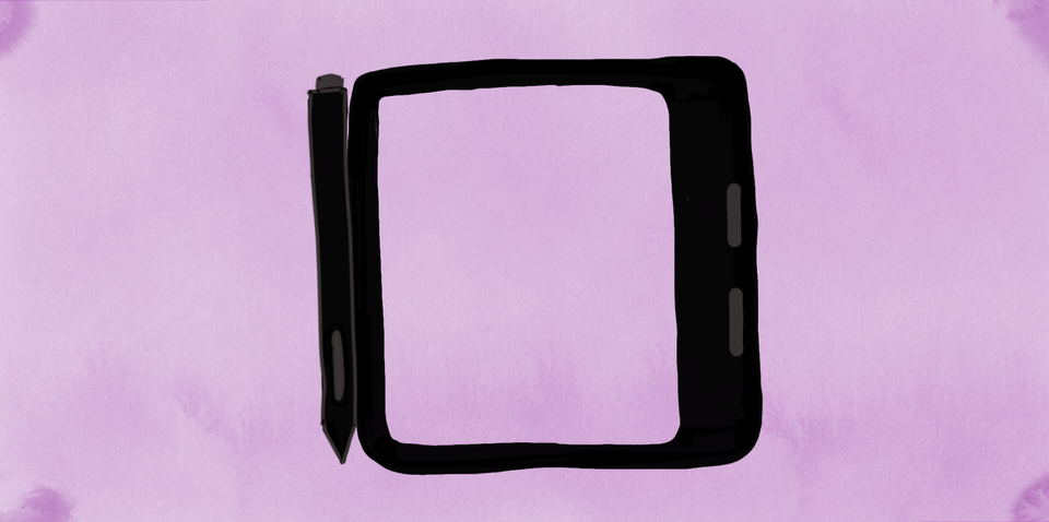 A simple abstract silhouette of a Kobo Libra Colour e-reader with stylus on a light purple background