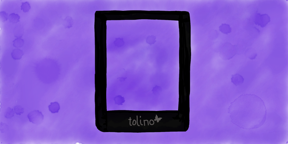 Simplified drawing of a Tolino Shine 4 e-reader on a mottled purple watercolour background